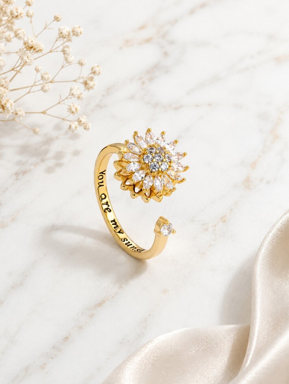 Adjustable Gold Spinner Anxiety Ring Rotating Sunflower Crystal Fidget Ring